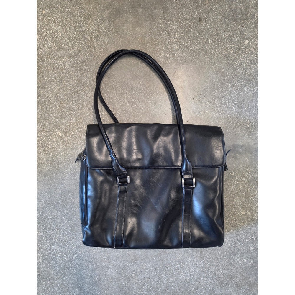 Vintage Buxton Black Faux Leather Laptop Bag Shoulder Tote Work Briefcase